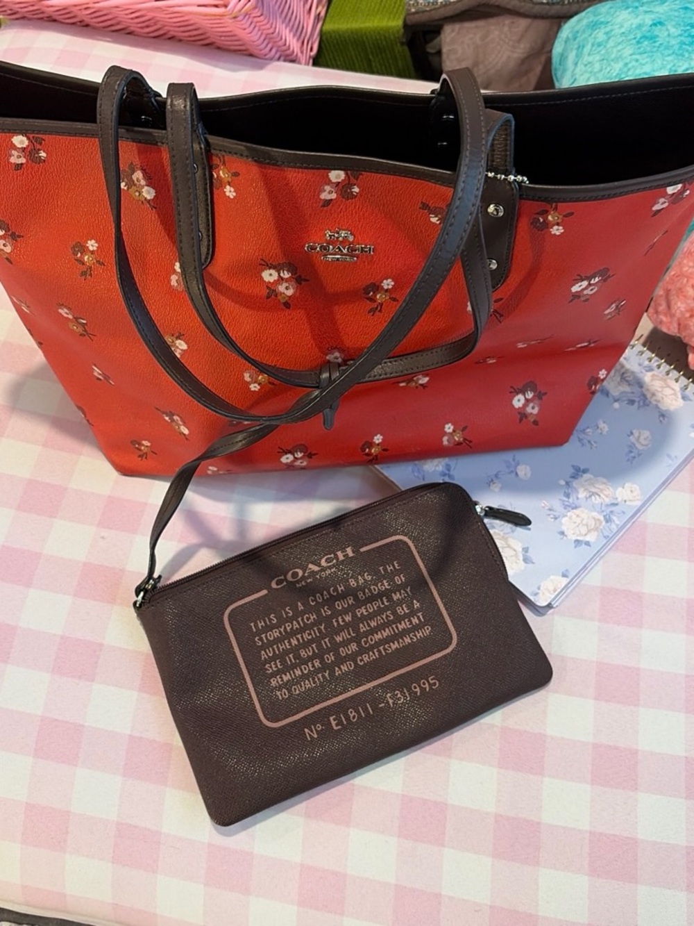 Coach Red Floral Tote with Brown Trim and Detachable Pouch